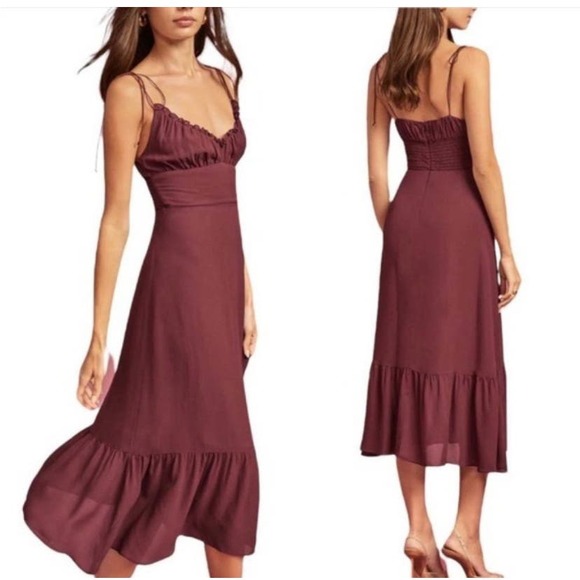 NEW! Reformation Embry Ruffle Tie Strap Plum Midi Dress 2 - Picture 2 of 5
